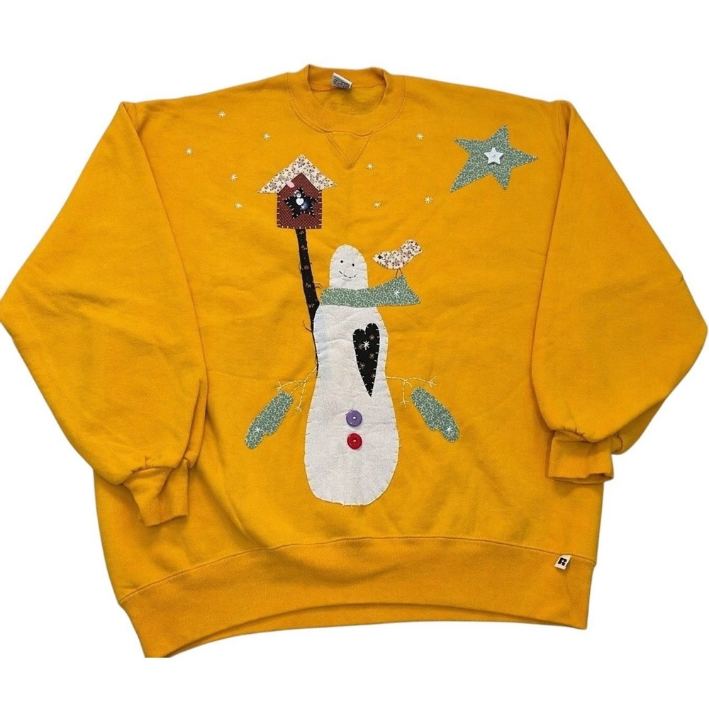 Vintage Grandma Granny Core Snowman Birdhouse Patchwork Crewneck Sweatshirt XL